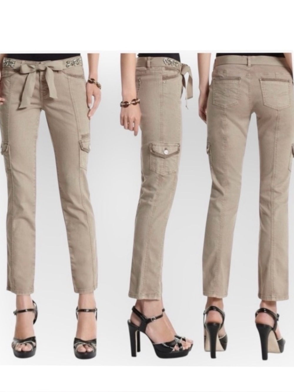 WHBM TAN ANKLE PANT WITH JEWELED RIBBON BELT